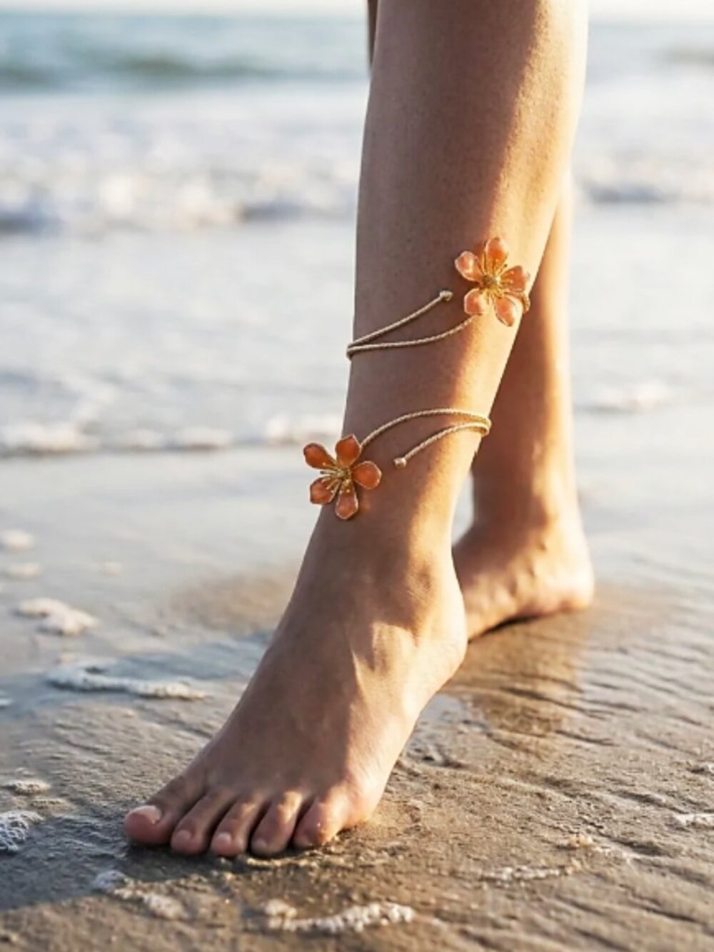Boho Orange Enamel Flower Arm & Ankle Cuff Bracelet | Adjustable - Picture 4 of 13